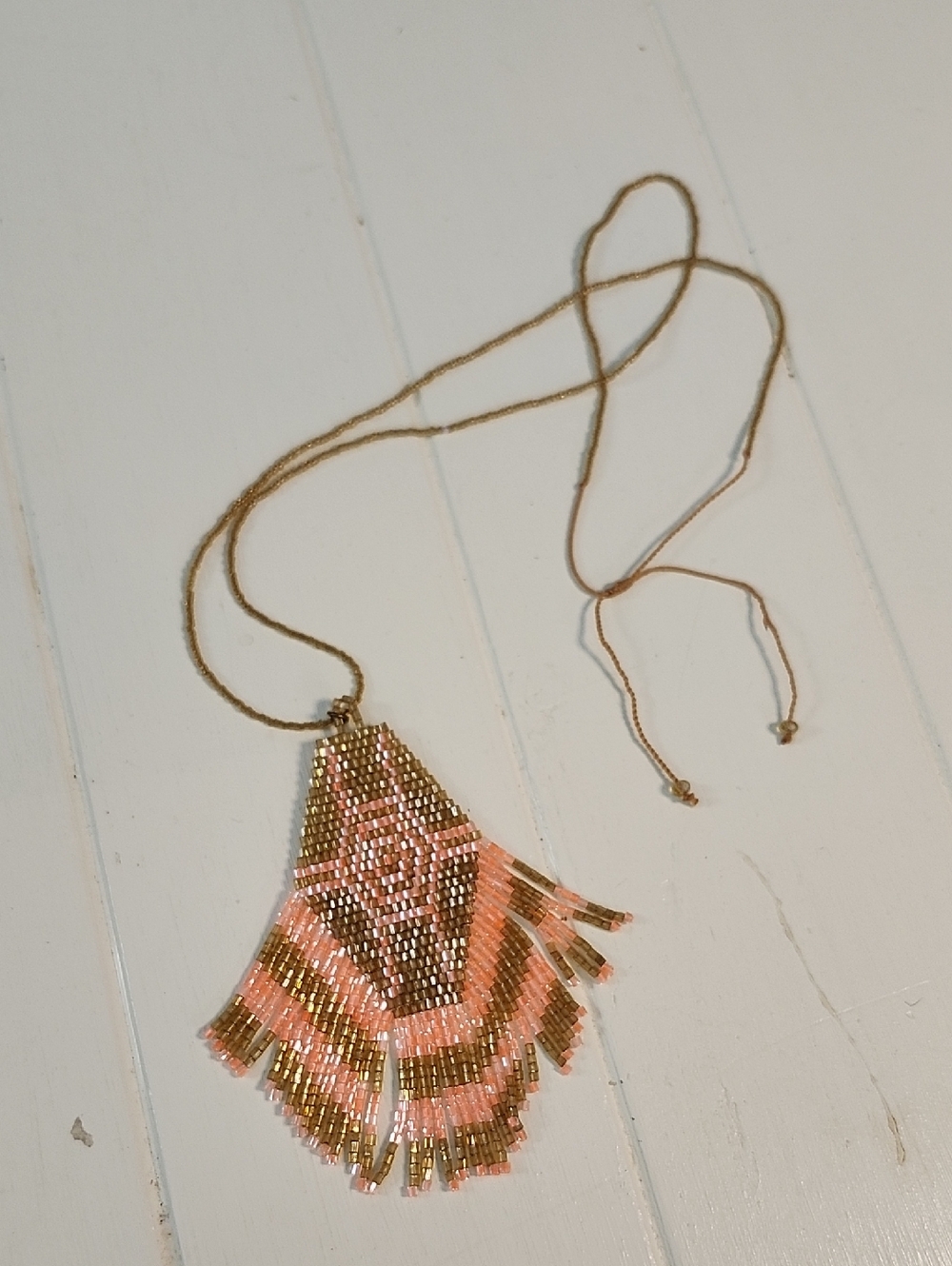 Bohemian Beaded Necklace In Gold Coral Pink 24-28 Inches
